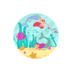 Cartoon fairytale underwater vector banner with mermaids and fishes. Mermaid fish from fairytale, girl underwater illustration