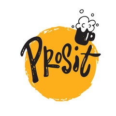 Cheers in german Hand lettering poster. illustration of beer mug. Octoberfest. Vector design.