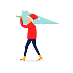 Man carries a Christmas tree, new year and happy Christmas. Vector illustration