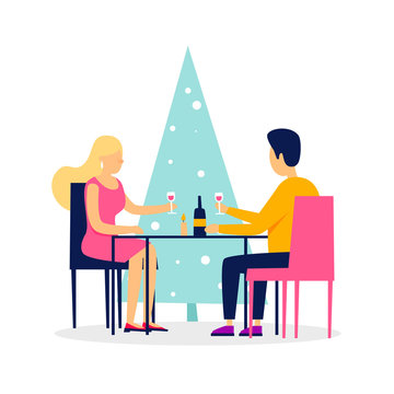 Couple sitting at the table celebrates New Year and Christmas. Vector illustration