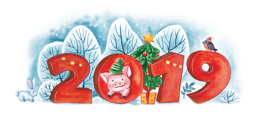 2019 Happy New Year banner. Pig with a fir tree against a background of figures and snow-covered trees. Watercolor illustration.