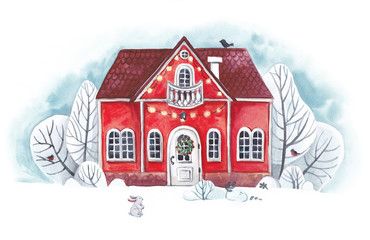  Red Christmas house among the snowy trees. Watercolor illustration.