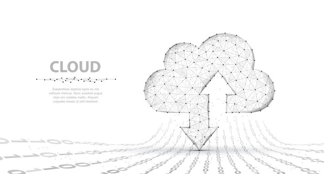 Cloud technology. Abstract polygonal wireframe cloud storage sign with two arrows up and down isolated on white with dots.