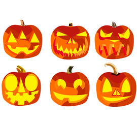 Set of six pumpkins for Halloween, objects isolated on white background