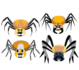 A set of four cartoon spiders of different shapes and colors