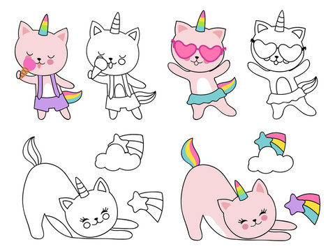 Cartoon character cats unicorn vector illustration. Coloring with outline and colorful kittens isolated on white