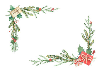 Fototapeta na wymiar Watercolor Christmas wreath with fir branches and place for text.