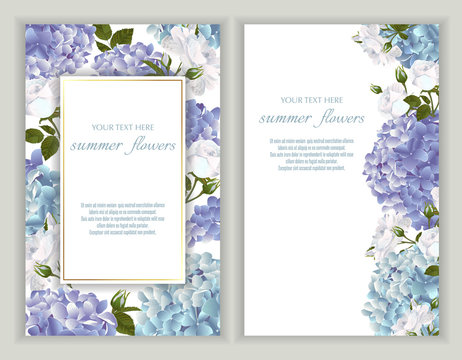 Vector banners set with roses and hydrangea flowers.