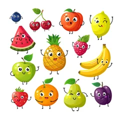Muurstickers Fruit Cartoon grappige vruchten. Happy kiwi banaan framboos oranje kers met gezicht. Zomerfruit en bessen vector tekens geïsoleerd op wit. Fruitkiwi en banaan, sinaasappel en aardbeiillustratie