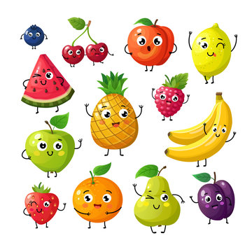 Cartoon funny fruits. Happy kiwi banana raspberry orange cherry with face. Summer fruit and berry vector characters isolated on white. Fruit kiwi and banana, orange and strawberry illustration
