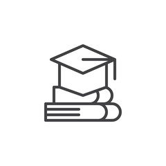 Graduation cap and book outline icon. linear style sign for mobile concept and web design. Education simple line vector icon. Symbol, logo illustration. Pixel perfect vector graphics
