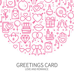 Circle with love symbols in line style. Love couple relationship dating wedding romantic amour concept theme. Unique Valentine day round print. Elements, icons.