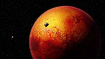 red planet Mars with moons Phobos and Deimos, part of the solar system © dottedyeti