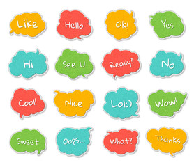 Set of templates speech bubbles with quotes. Colorful denim cartoon stickers with stitches, short messages. Jeans stickers and patch badges in style of comics, pop art