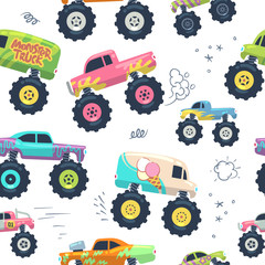 Monster cars seamless pattern. Kid trucks with big wheel. Vector endless background. Pattern and background seamless, monster car with large wheel illustration © MicroOne