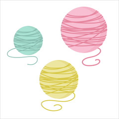Vector illustration of color yarn balls. Cute Vector card for knitting. Design elements for handmade. Yarn ball and needles icon.