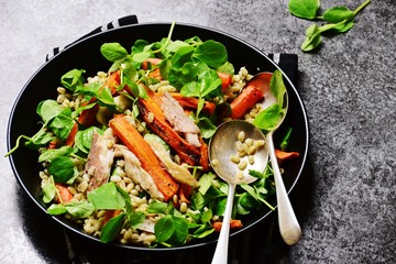 Roasted carrot, barley and smoked mackerel salad isolated on black background