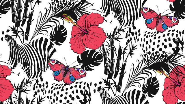 Pattern of hibiscus, zebra, leopardand and butterfly. Suitable for fabric, wrapping paper and the like. Vector illustration
