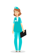 Female nurse in uniform standing holding clipboard