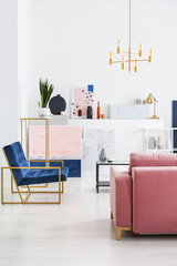 Vertical view of pink velvet couch and blue armchair in living room fool of paintings and maps,...