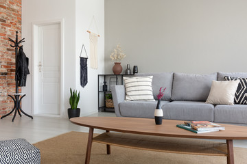 Clothes on rack in spacious flat interior with wooden table in front of grey couch and plant. Real photo