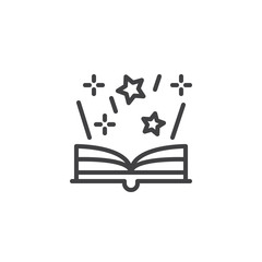 Open magic book with stars outline icon. linear style sign for mobile concept and web design. Fairytale book line vector icon. Symbol, logo illustration. Pixel perfect vector graphics