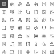 Books and education outline icons set. linear style symbols collection, line signs pack. vector graphics. Set includes icons as textbook, graduation hat, idea lamp, ebook, library building, bookmark