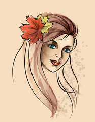 girl in watercolor style with autumn maple leaves in her hair