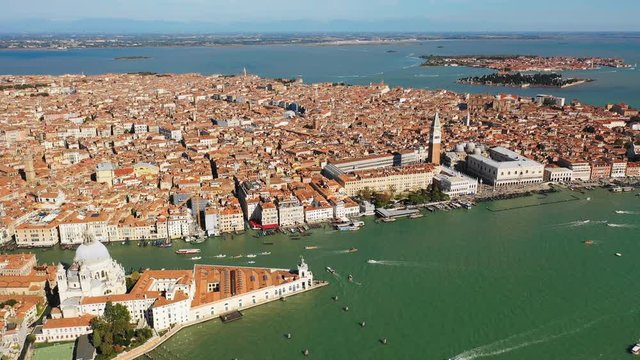 Aerial panoramic view of cityscape of Venice, St Mark's Square and Santa Maria della Salute church, landscape panorama of Italy from above, Europe