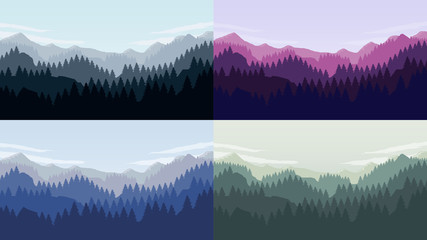 Coniferous forest silhouette template landscapes set with mountains, sky and woods