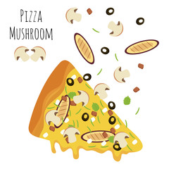 Italian mushroom pizza slice with falling isolated ingredients. Vector illustration