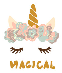 Magical cute sweet little Unicorn head in flower crown vector art. Naive sketch child nursery scandinavian hand drawn illustration. Graphic design tee print.