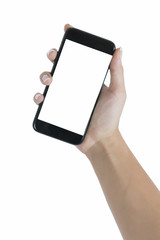Hand holding mobile phone on white