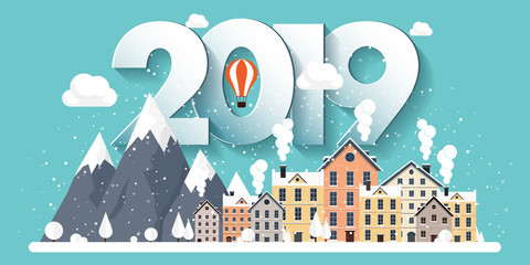 Vector illustration. 2019 winter urban landscape. City with snow. Christmas and new year. Cityscape. Buildings.Mountaines, nature.