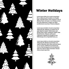 Laconic black and white winter holidays banner template with stylish christmas tree illustration