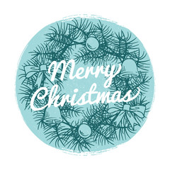 Fototapeta premium Round vintage Christmas banner with hand drawn wreath and text Merry Christmas isolated on white. Vector illustration