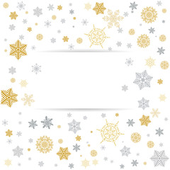 a white background with gold and silver snowflakes