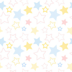 Pastel colored simple striped and doted stars on white geometric seamless pattern, vector