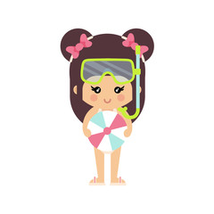 cartoon summer girl in a swimsuit with summer ball and diving mask