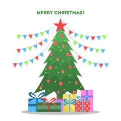 Christmas green tree with gift boxes around