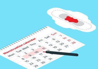 A calendar with the menstrual days marks and menstrual pad with blood drop. Vector illustration of blood period calendar. Menstruation period pain protection. Feminine hygiene, monthlies rainy days.