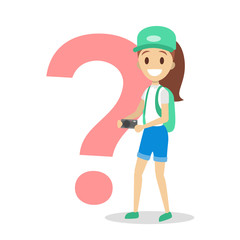 Young girl standing at the question mark