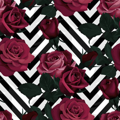 Nahtloses Muster des tiefroten Rosenvektors. Dunkle Blumen auf schwarzem und weißem Chevron-Hintergrund, geblümte Texturen