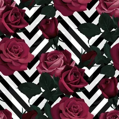 Fotobehang Rozen Diep rode rozen vector naadloze patroon. Donkere bloemen op zwart-witte chevronachtergrond, bloemrijke texturen