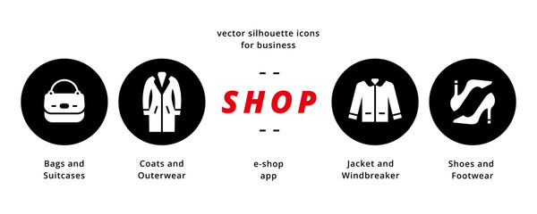 Clothes shop icons. Universal set of clothes silhouette style.