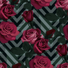 Deep red roses vector seamless pattern. Dark flowers on chevron background, flowered textures