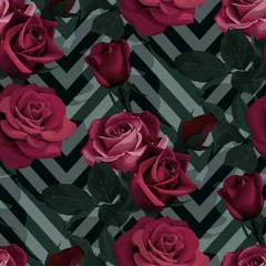 Keuken foto achterwand Visgraat Diep rode rozen vector naadloze patroon. Donkere bloemen op chevronachtergrond, gebloemde texturen
