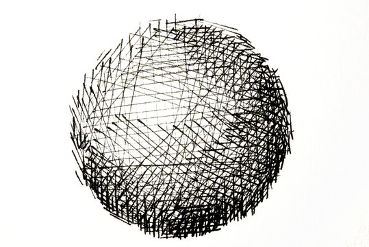 Ink drawing or ink pen line drawing of a sphere. A sphere drawing consisting of black ink lines. Isolated on white.