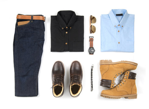 Men's casual outfits for man clothing with brown boot , watch, blue jeans, belt, wallet, sunglasses, office shirt and bracelet isolated on white background, Top view