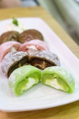 Daifukumochi, or Daifuku, is a Japanese confection consisting of a small round mochi stuffed with sweet filling